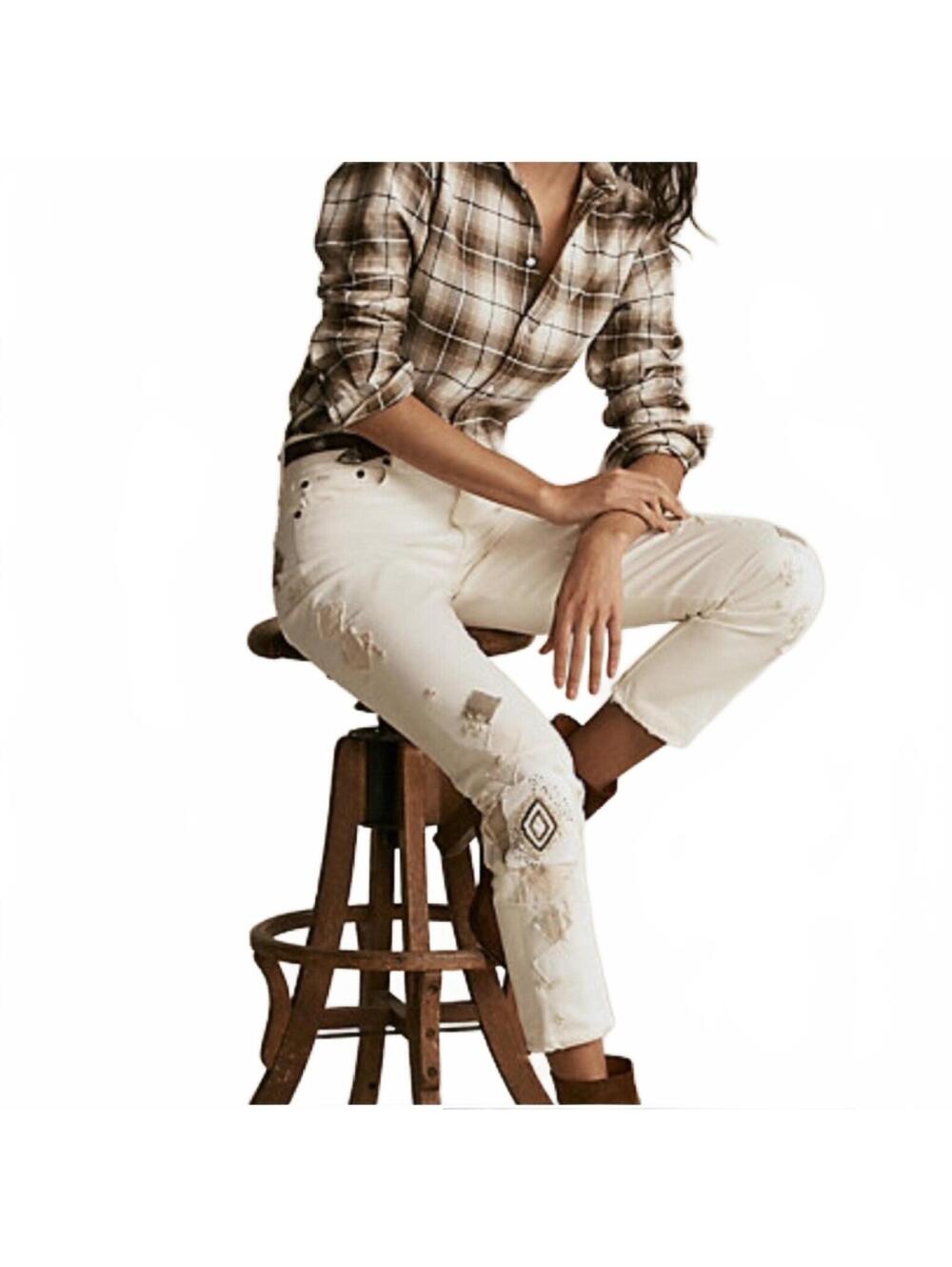 Polo Ralph Lauren Avery Boyfriend Patchwork Jeans Ivory Beaded Boho Size 33 NWOT